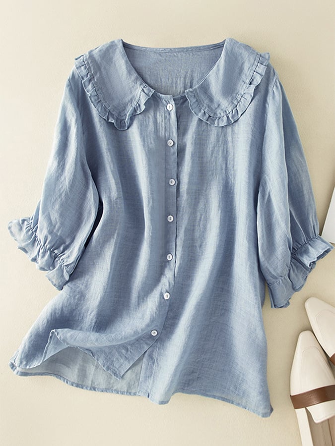 Jillian Blouse Femme – Chemise Ample en Coton-Lin avec Col Claudine à Volants Chic