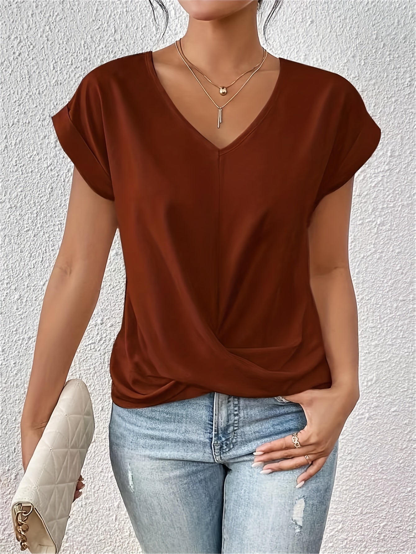 Yasmine Top Femme – V-Ausschnitt mit Knotendetail, eleganter Drapierung & bequemer Schnitt
