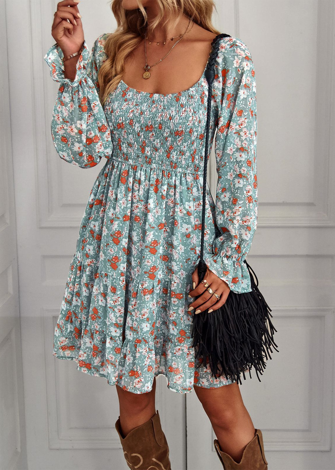 Aria Midi Jurk Dames – Bloemenjurk met Volants, U-hals & Getailleerde Zomerpasvorm