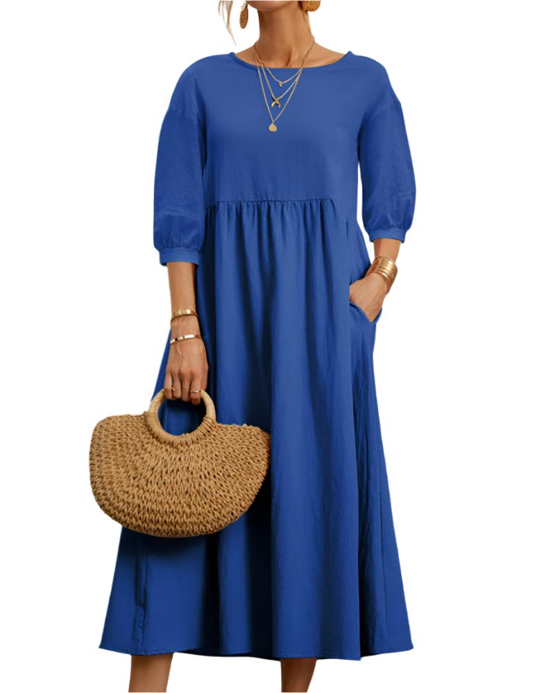 Flore Robe Midi Femme – Bomuld Linned Åndbar, Rund Hals, Lanterneærmer, Sommerkomfort