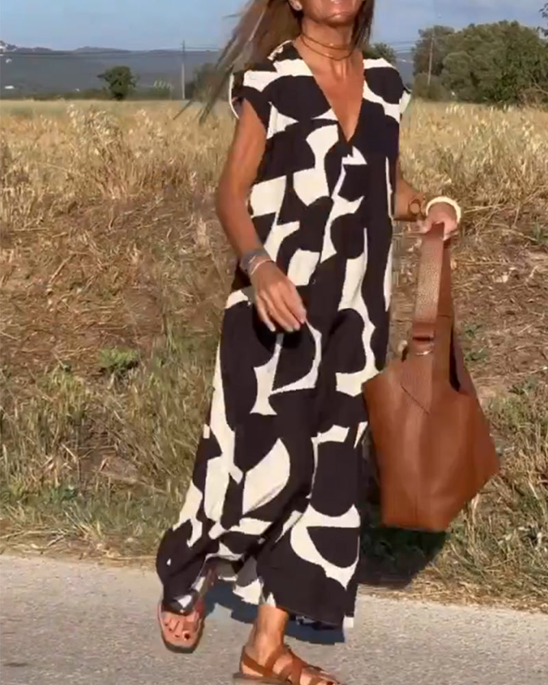 Sita Jurk Losse Pasvorm Dames – Zwart-Witte Abstracte Print met Diepe V-hals