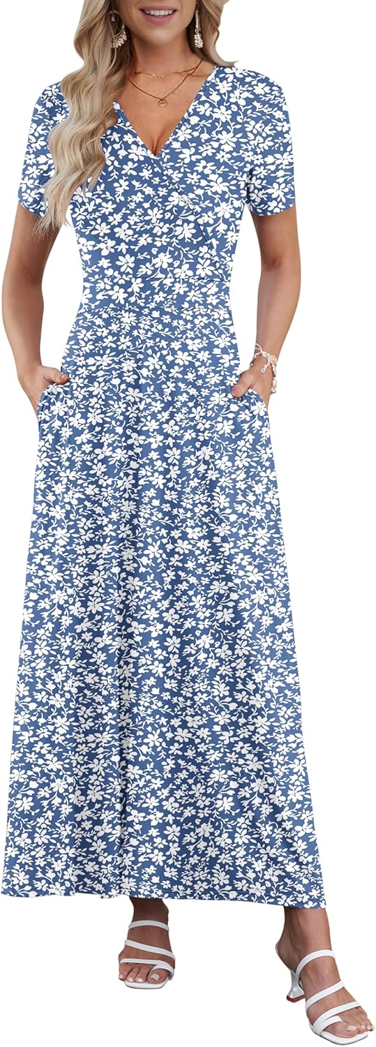 Analiz naisten mekko – Maxi boheemi mekko, V-pääntie, ristiin kietoutuva, lyhyet hihat, empire-mallinen vyötärö, taskut, kesä