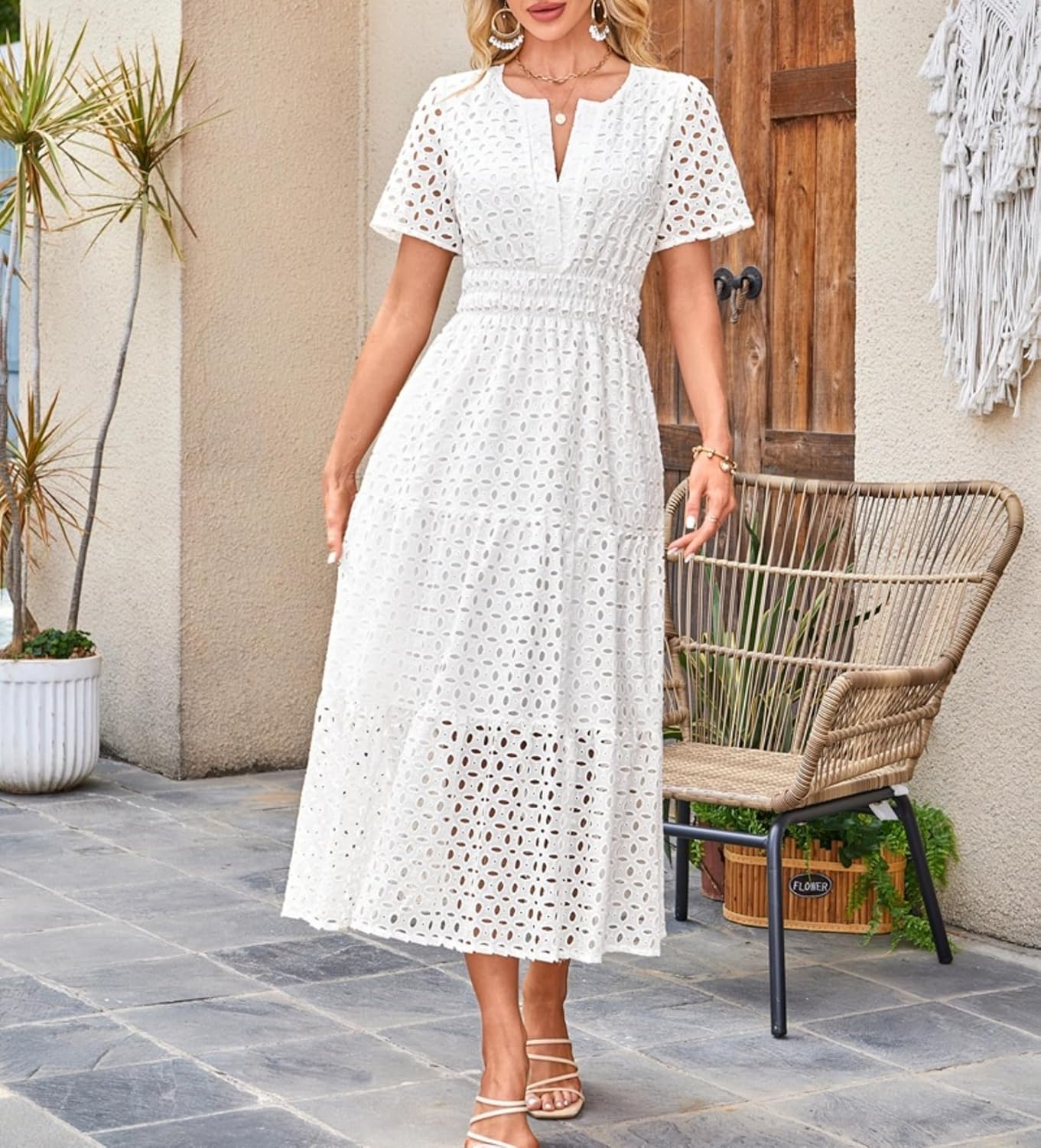 Clara jurk dames – maxi jurk met Engelse borduursels, V-hals, hoge taille, bohemien, zomer