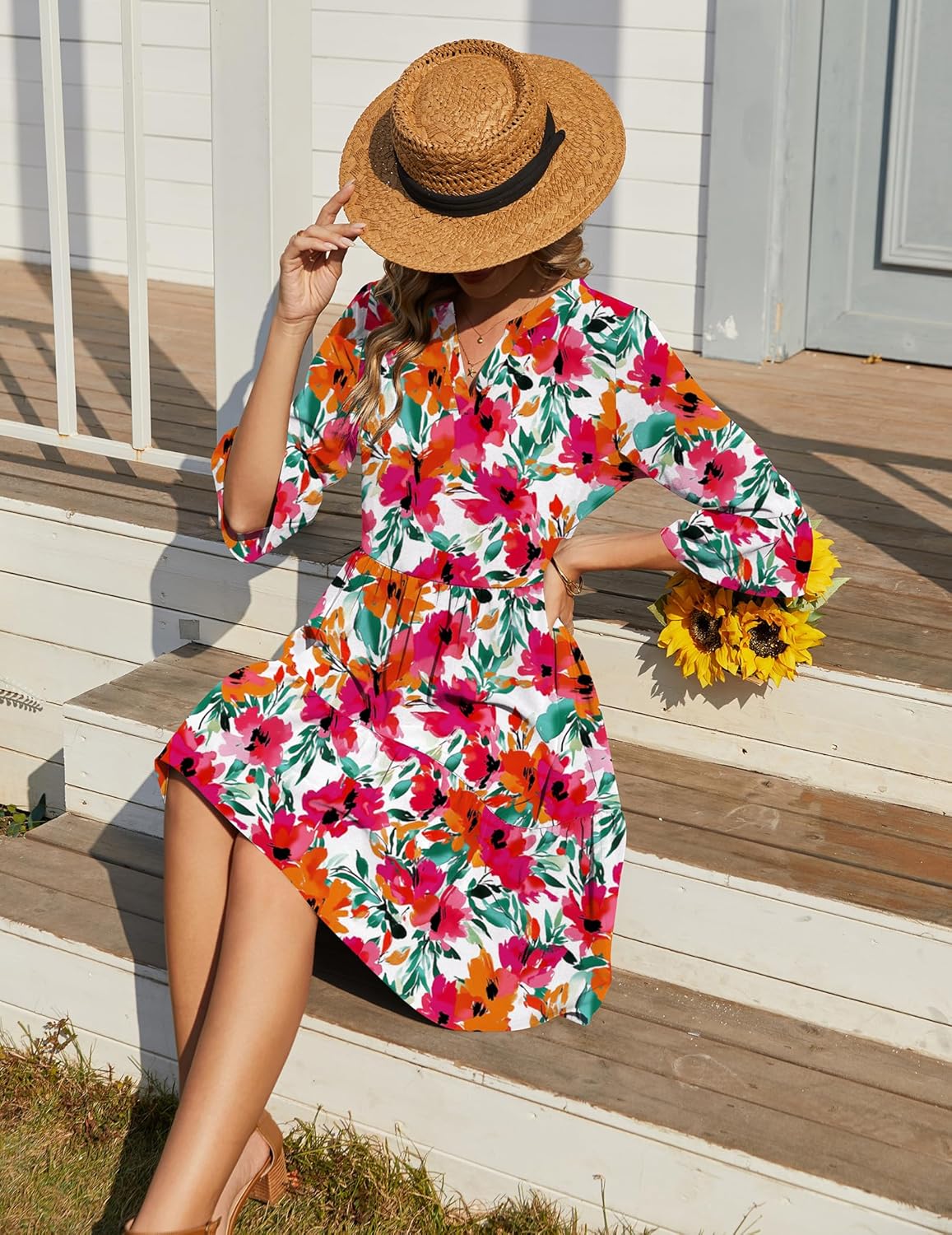 Élodie Vestito Donna con Scollo a V – Vestito Midi Svasato con Volant e Tasche