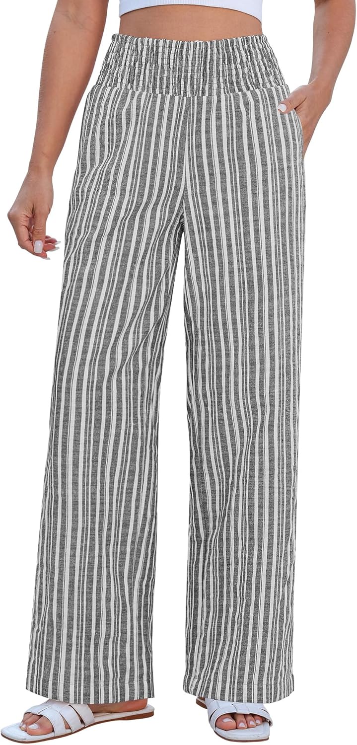 Rian Damenhose Leinen Gestreift – Weite Palazzo, Hoher elastischer Bund, Sommer, Schick