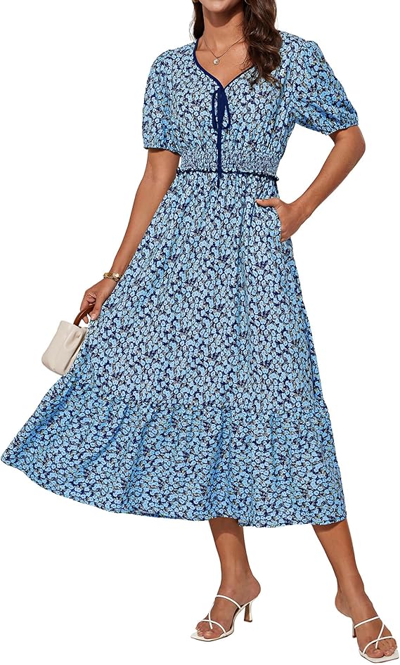 Tasha Kjole Midi Dame – V-udskæring, Smocktalje & Elegant A-linje Sommer