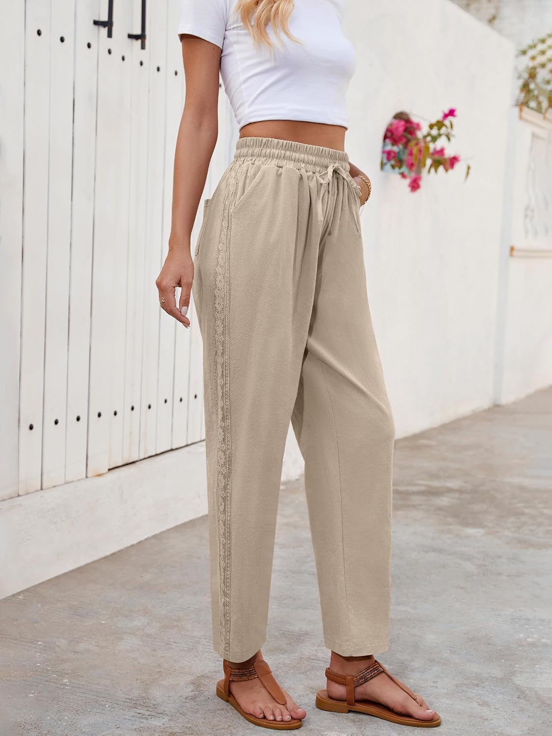 Ysabel Dámské lněné capri kalhoty – krajka, široký střih, elastický pas, elegantní léto