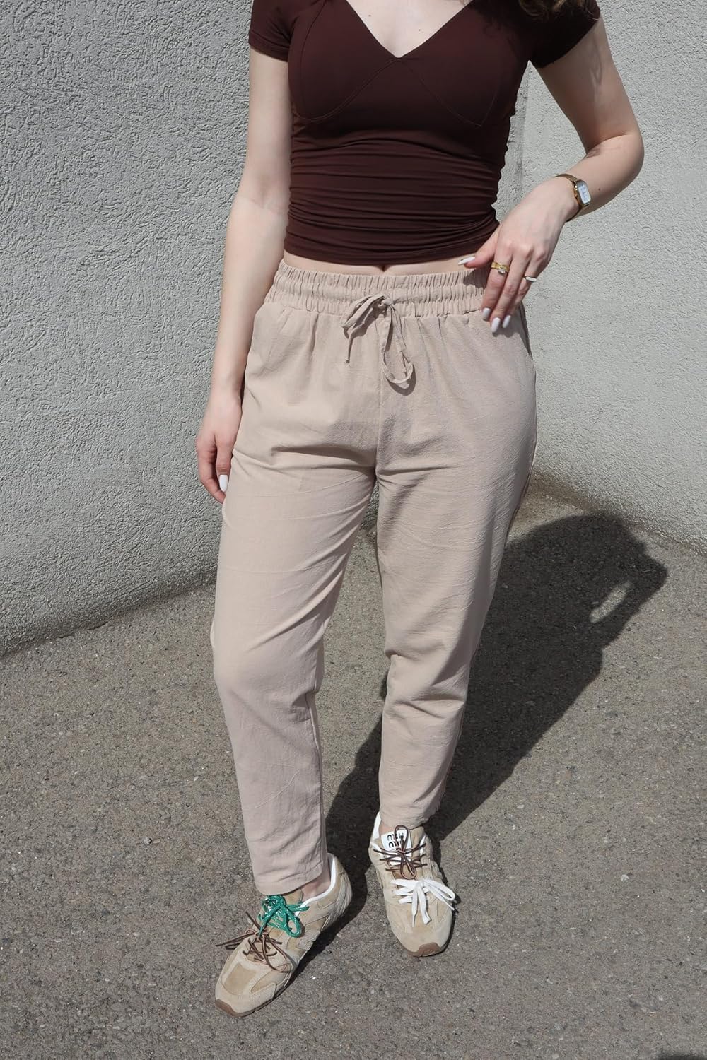Ysabel Dámské lněné capri kalhoty – krajka, široký střih, elastický pas, elegantní léto