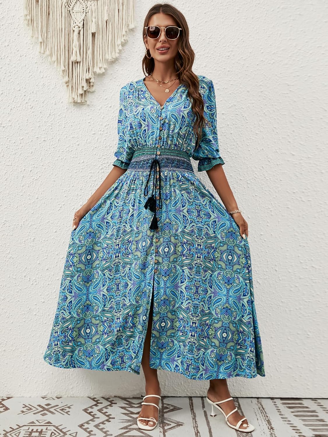 Liezl Robe Femme Bohème Fleurie – Col V Cache-Cœur, Midi Fluide, Manches 3/4