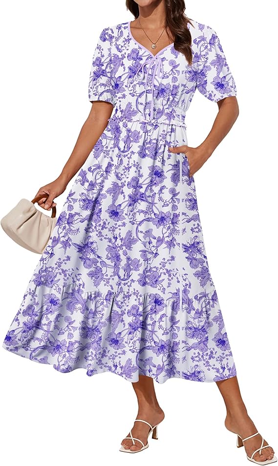 Tasha Kjole Midi Dame – V-udskæring, Smocktalje & Elegant A-linje Sommer
