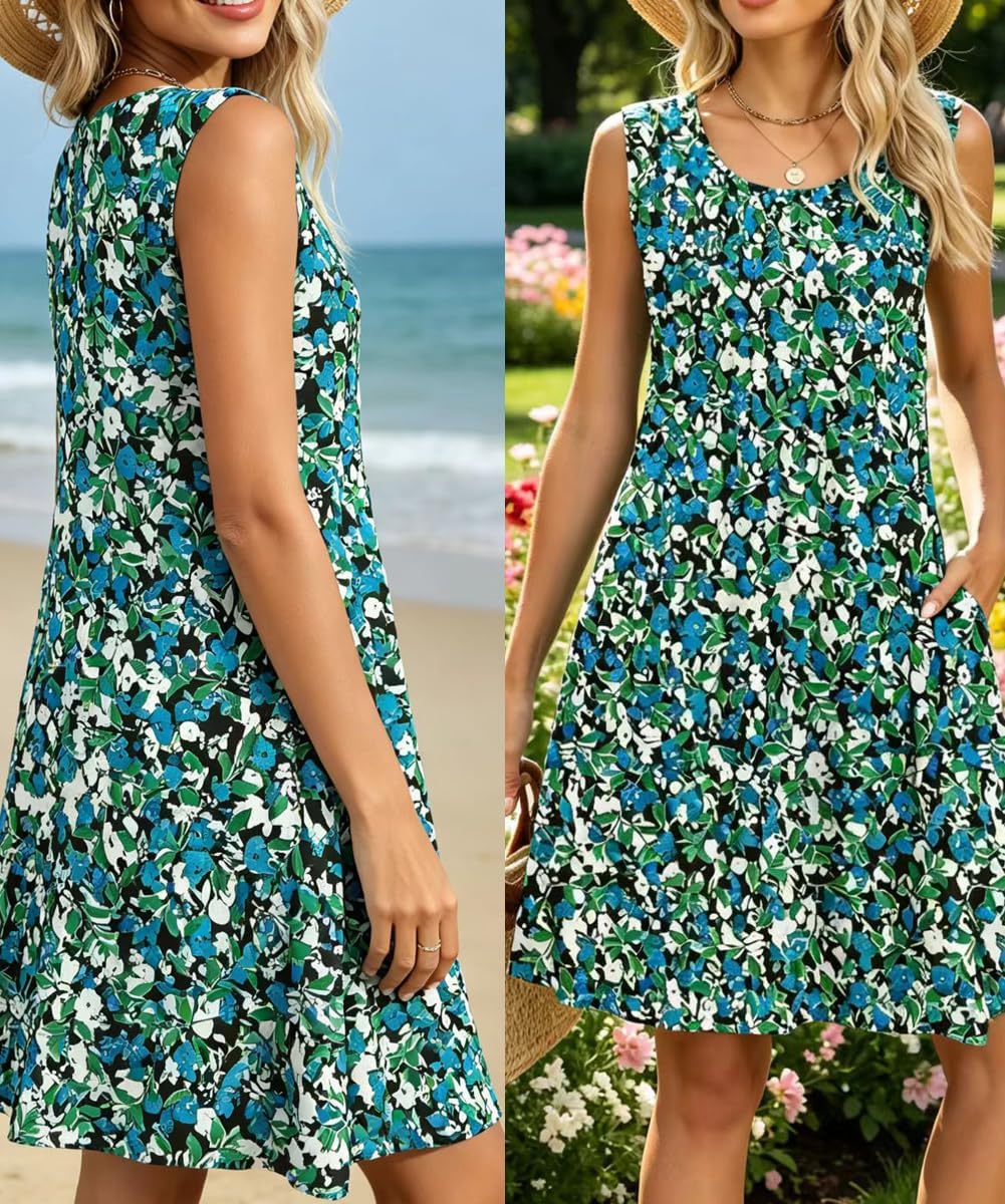 Élise Robe Midi Femme – Robe Fleurie Sans Manches Col Rond Avec Poches Été