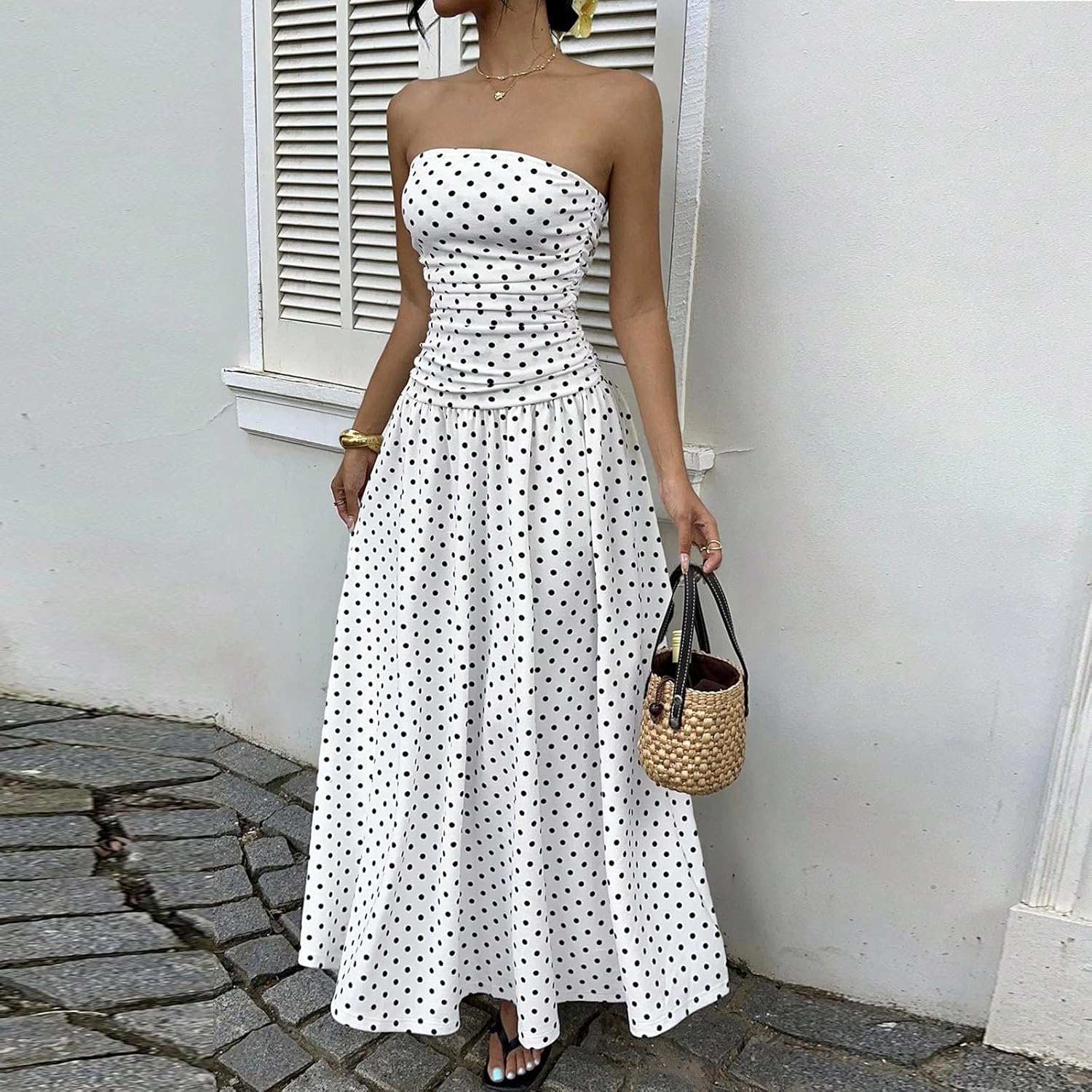 Sophie Robe Femme – Robe Maxi Bandeau Pois Taille Haute Fluide Élégante Été