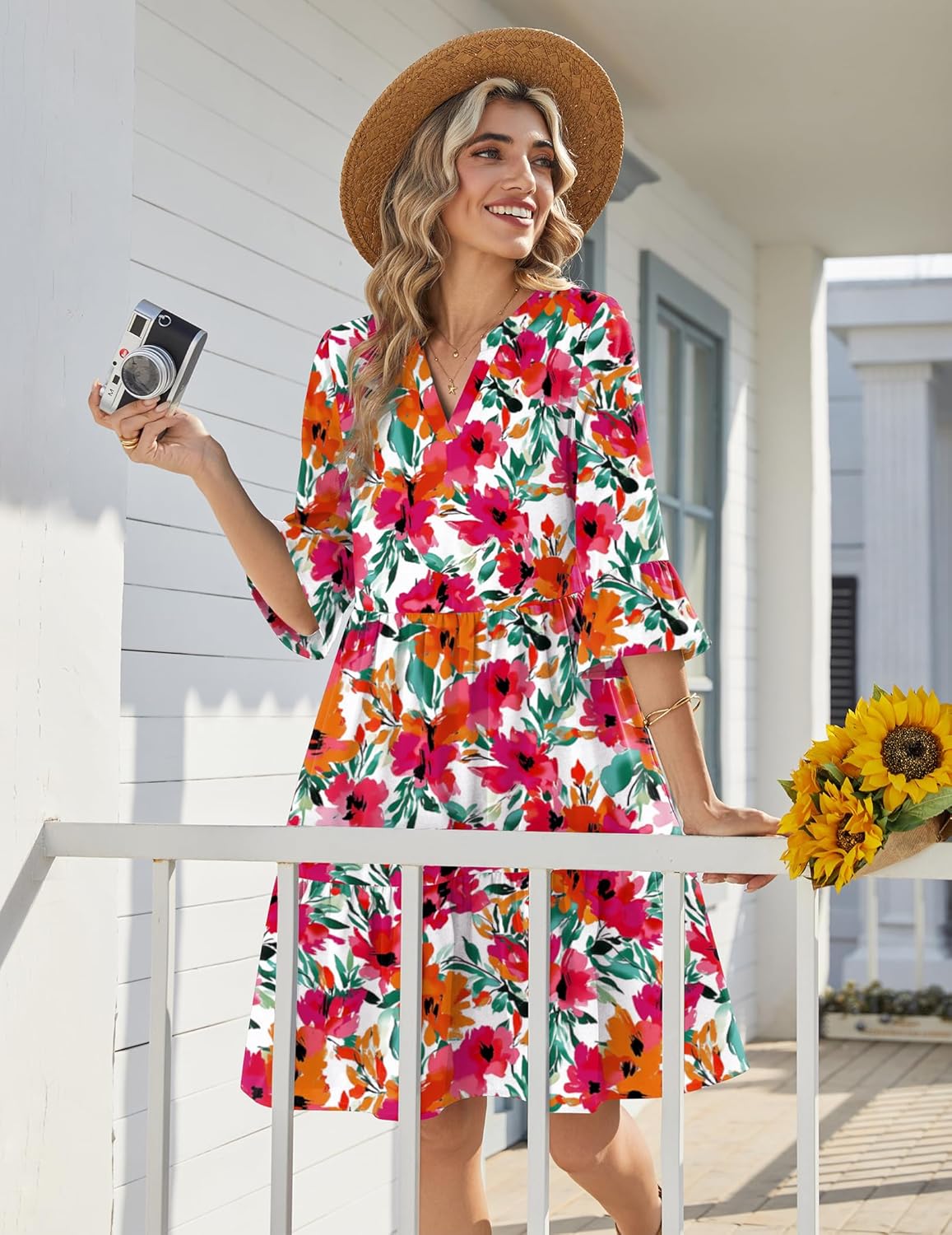Élodie Vestito Donna con Scollo a V – Vestito Midi Svasato con Volant e Tasche