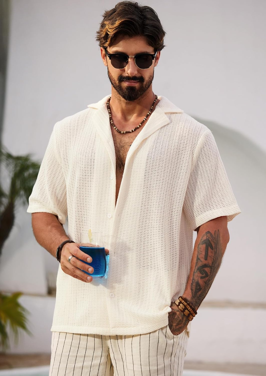 Herbert Chemise Crochet Homme – Chemise Maille Ajourée Style Cubain Été