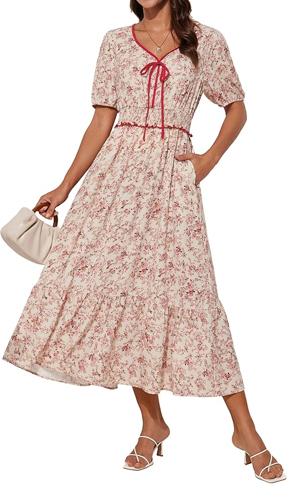 Tasha Kjole Midi Dame – V-udskæring, Smocktalje & Elegant A-linje Sommer