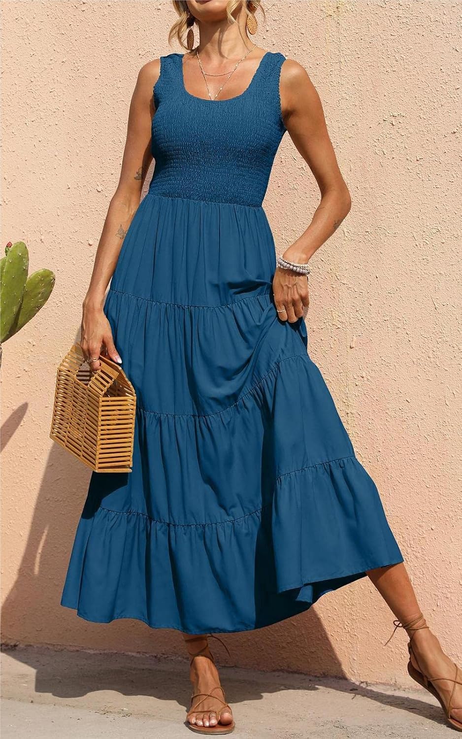 Élina Robe Maxi Femme – Robe Smockée Sans Manches Coupe A-Line Été Bohème