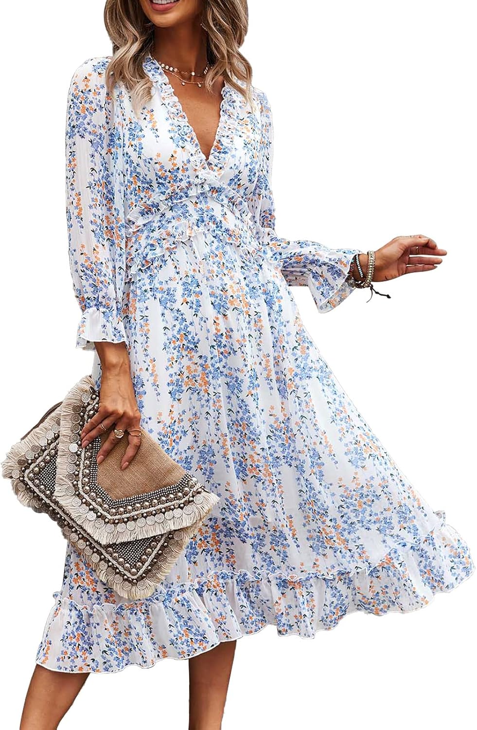 Alexa Robe Femme Fleurie – Col V, Manches Longues, Coupe Fluide Casual Élégante