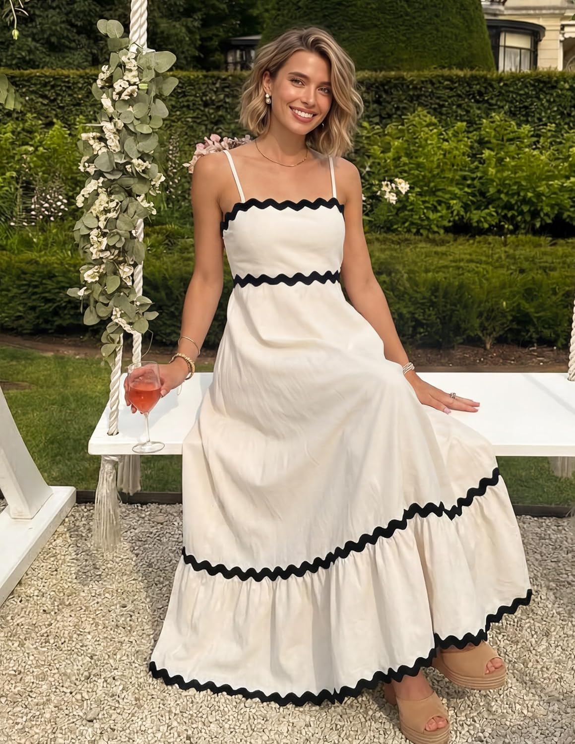 Ella Robe Midi Femme – Robe Dos Nu Bretelles Fines Smockée Fluide Été Élégante