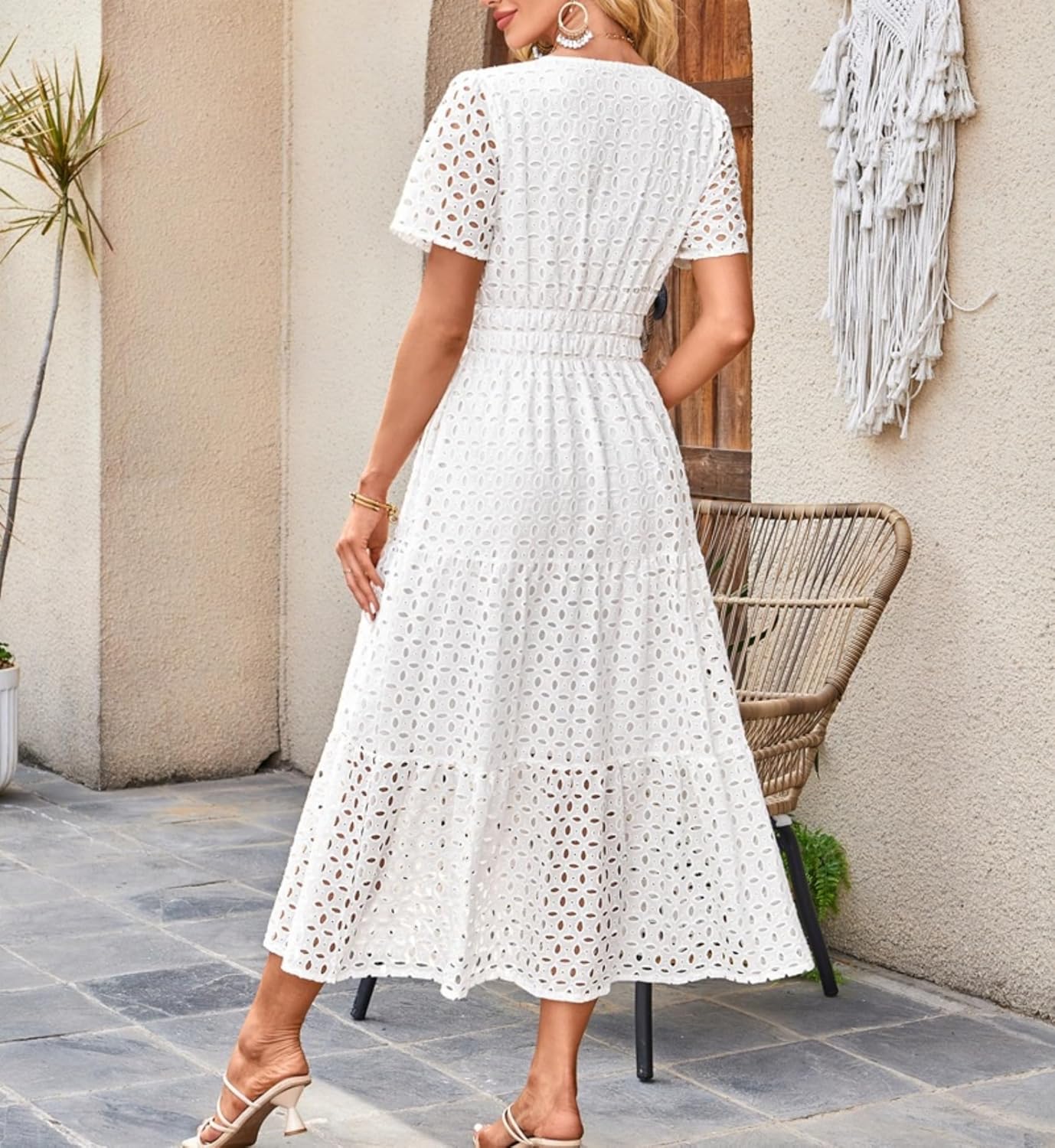 Clara jurk dames – maxi jurk met Engelse borduursels, V-hals, hoge taille, bohemien, zomer