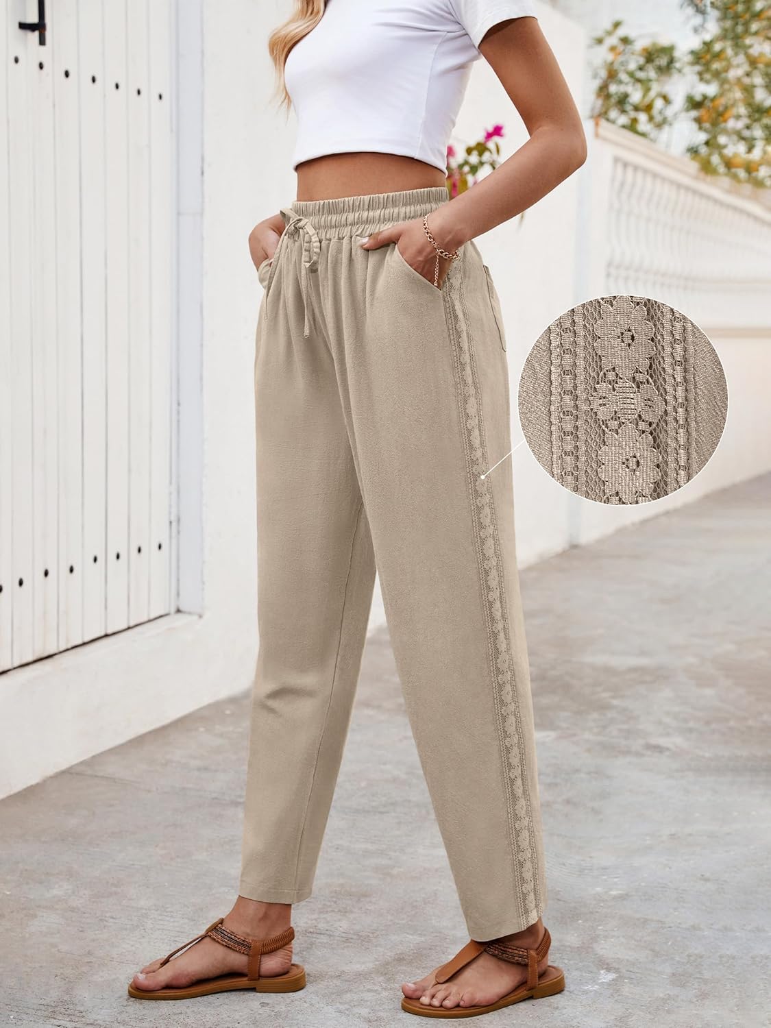 Ysabel Dámské lněné capri kalhoty – krajka, široký střih, elastický pas, elegantní léto