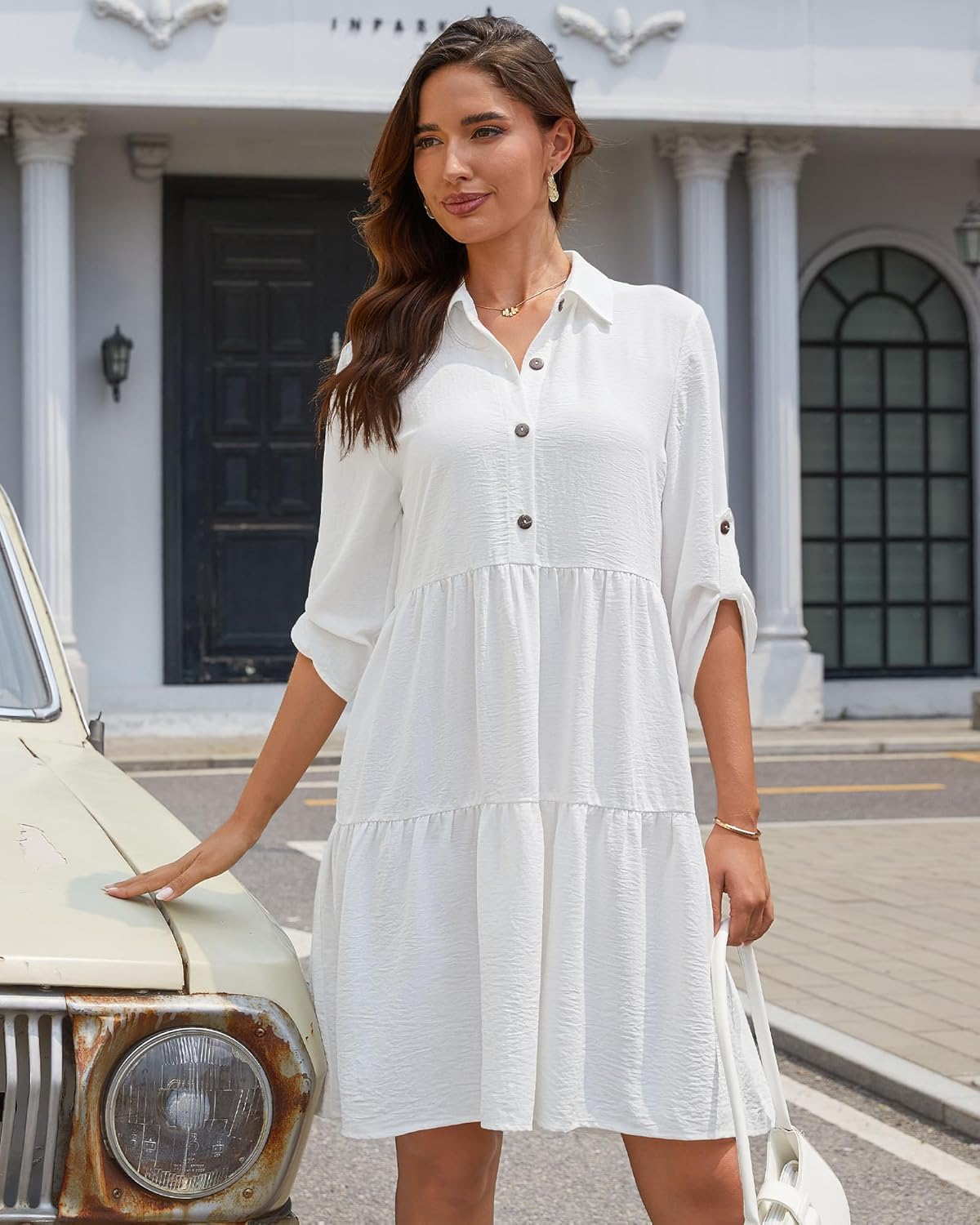 Léa Robe Chemise Femme – Robe A-Line à Volants Boutonnée Manches 3/4 Été
