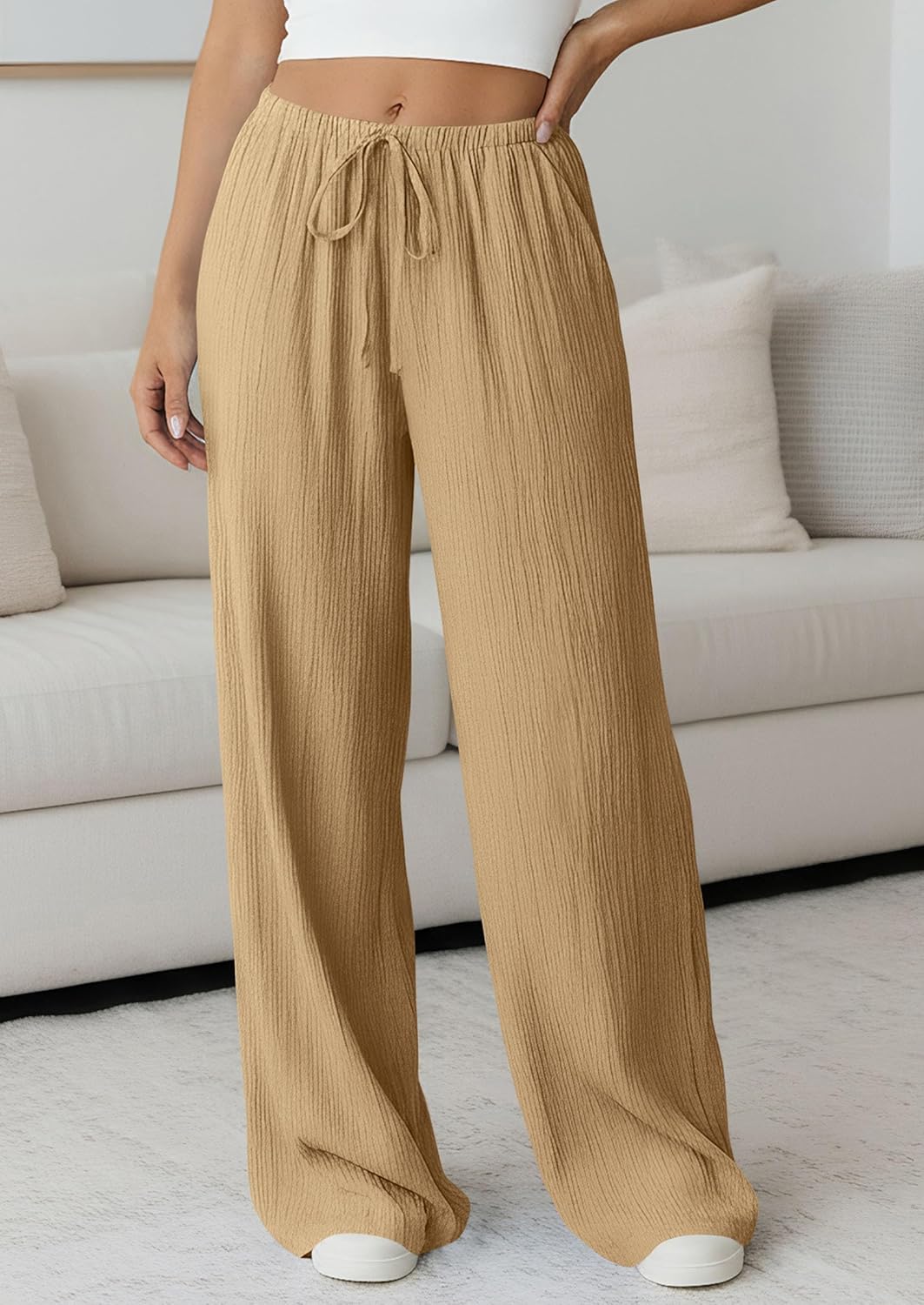 Calças Palazzo Femininas Jessica – Cintura Alta Grande com Cordão e Bolsos Verão