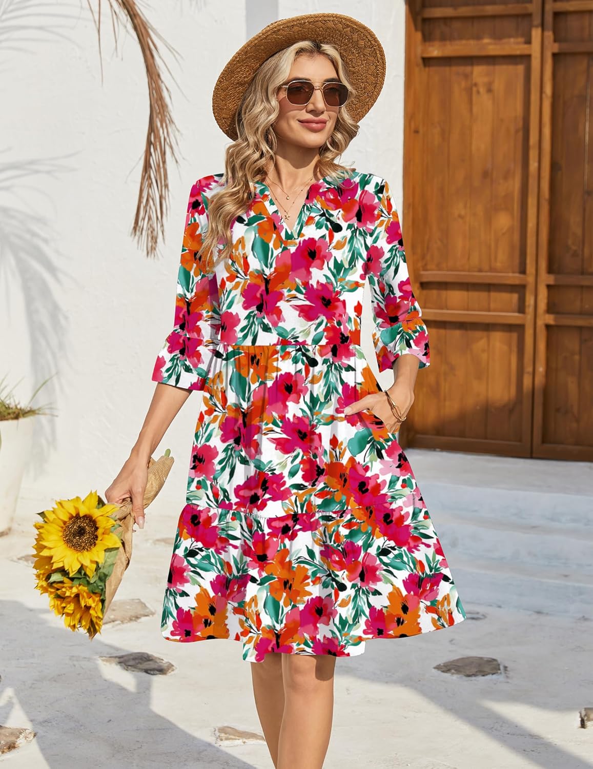 Élodie Vestito Donna con Scollo a V – Vestito Midi Svasato con Volant e Tasche