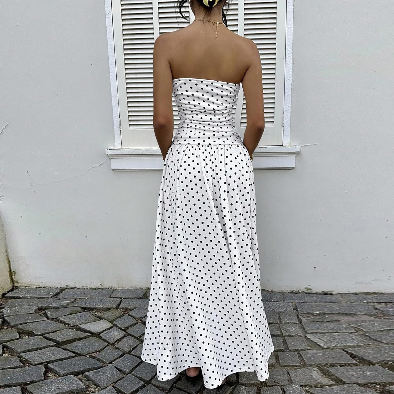 Sophie Robe Femme – Robe Maxi Bandeau Pois Taille Haute Fluide Élégante Été