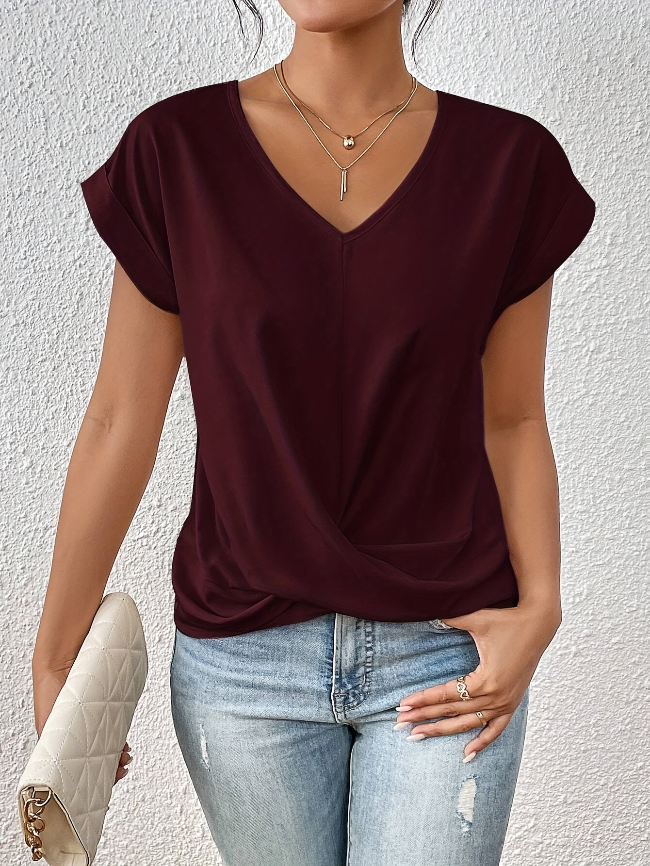 Yasmine Top Femme – V-Ausschnitt mit Knotendetail, eleganter Drapierung & bequemer Schnitt