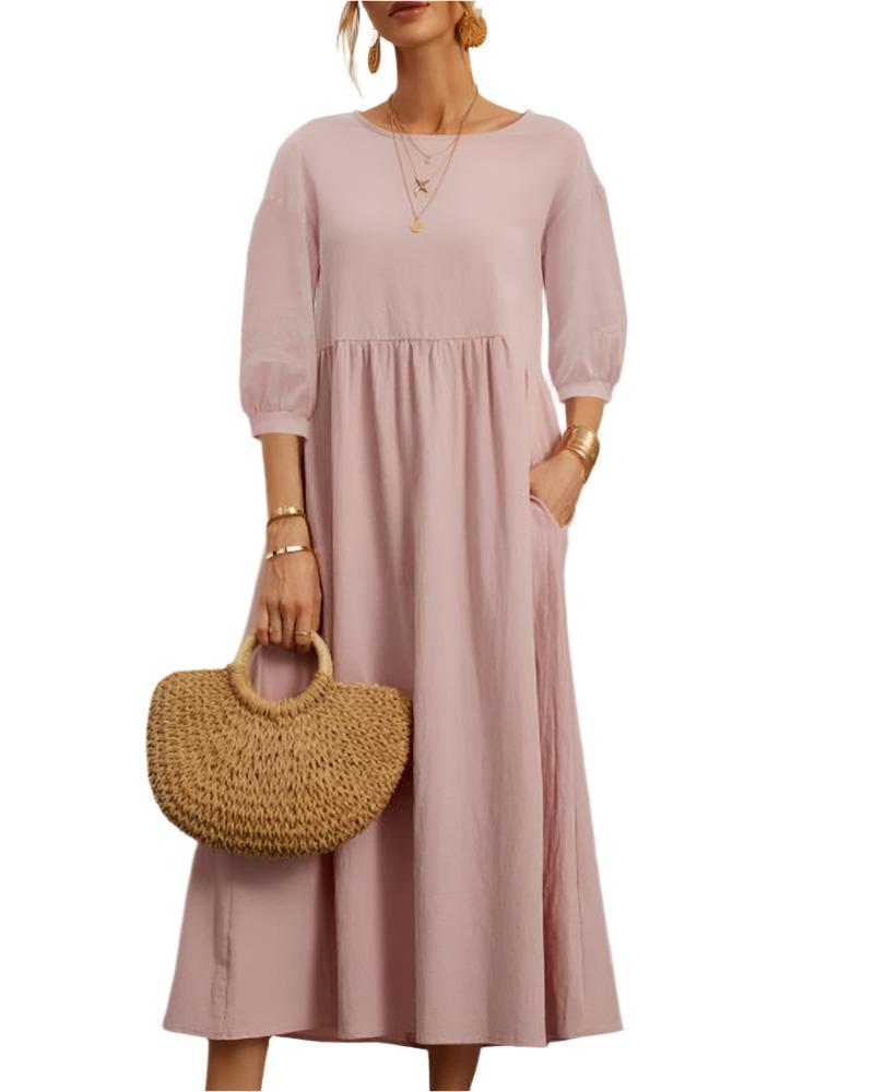 Flore Robe Midi Femme – Bomuld Linned Åndbar, Rund Hals, Lanterneærmer, Sommerkomfort