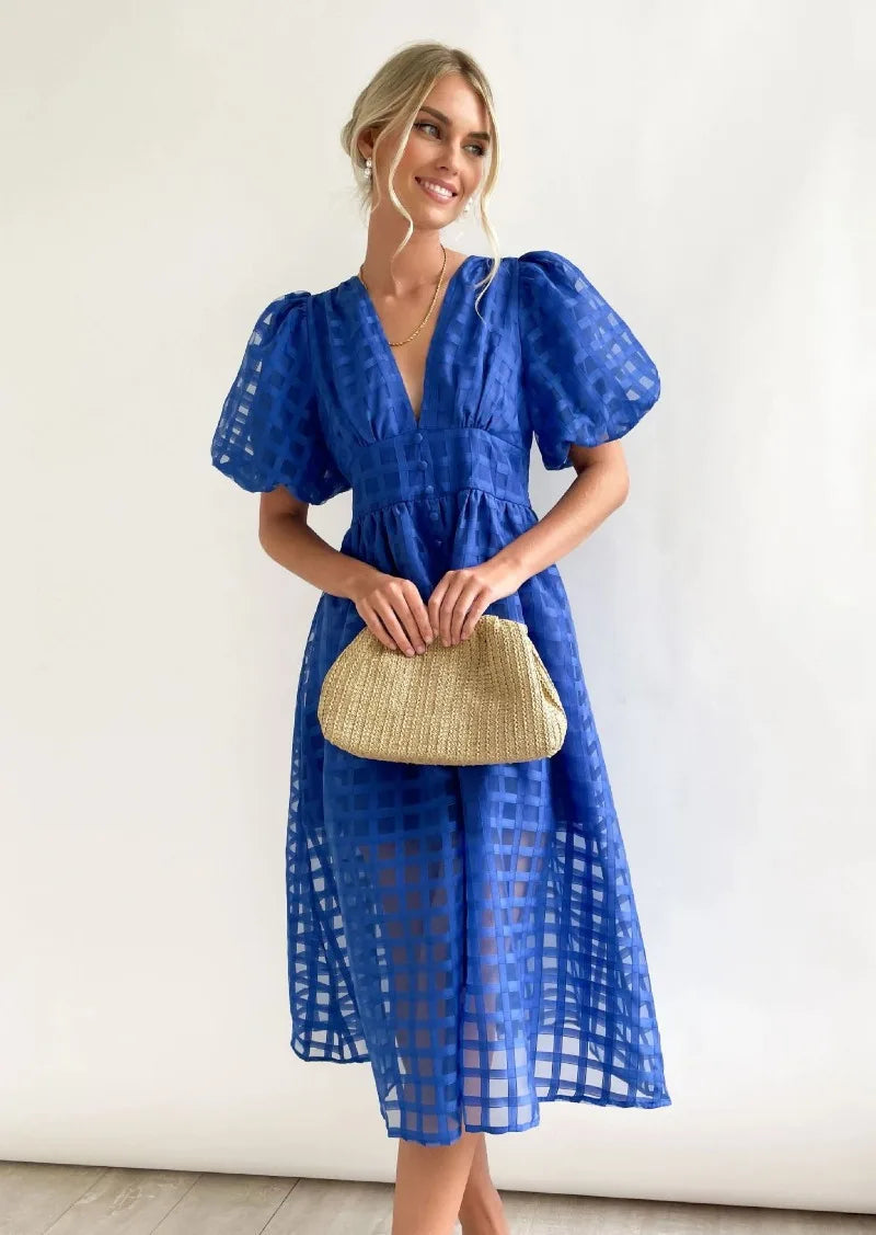 Mylene Midi Jurk Dames – Chic Geruite Jurk met Volume & Levendige Kleur