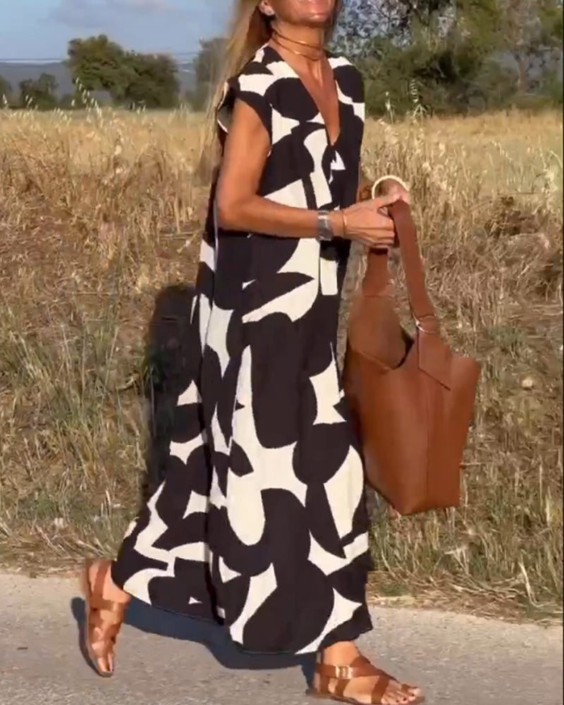 Sita Jurk Losse Pasvorm Dames – Zwart-Witte Abstracte Print met Diepe V-hals