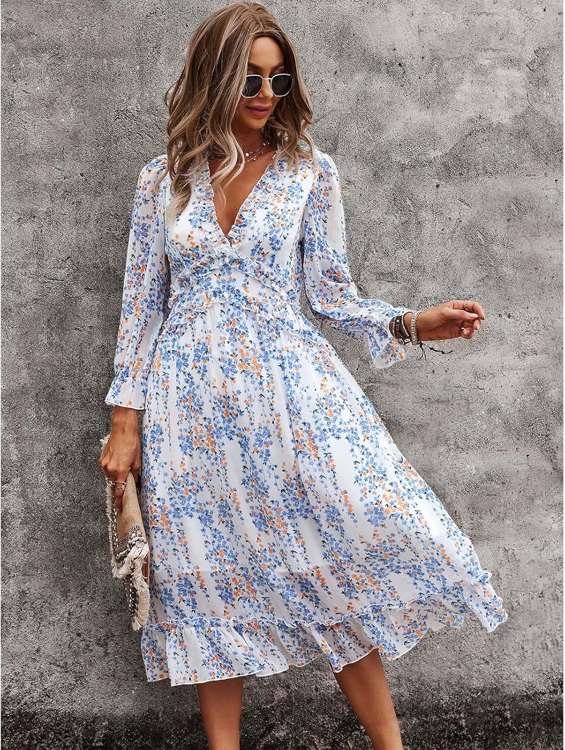Alexa Robe Femme Fleurie – Col V, Manches Longues, Coupe Fluide Casual Élégante