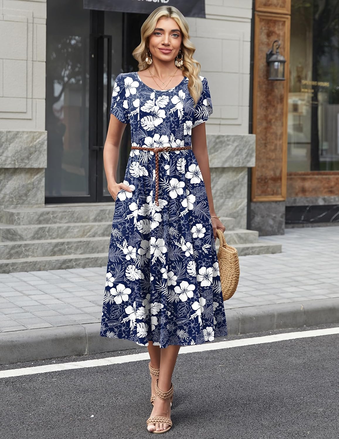 Wella Robe Femme – Rochie de vară cu guler rotund, mâneci scurte, croială evazată midi și buzunare