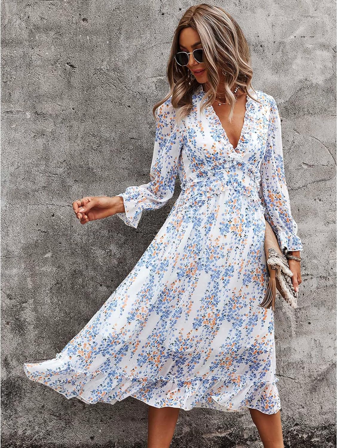 Alexa Robe Femme Fleurie – Col V, Manches Longues, Coupe Fluide Casual Élégante