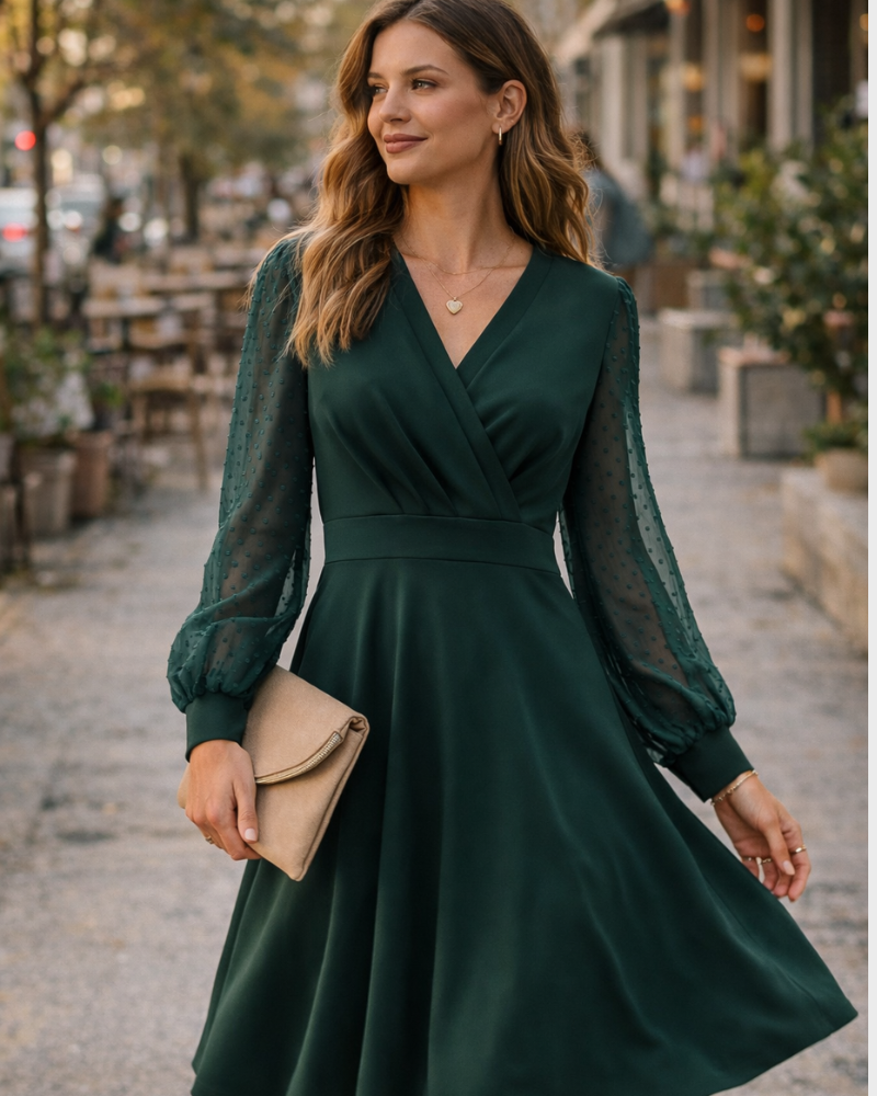 Juana haljina za žene – vintage stil s V-izrezom, dugim rukavima i elegantnim midi A-krojem