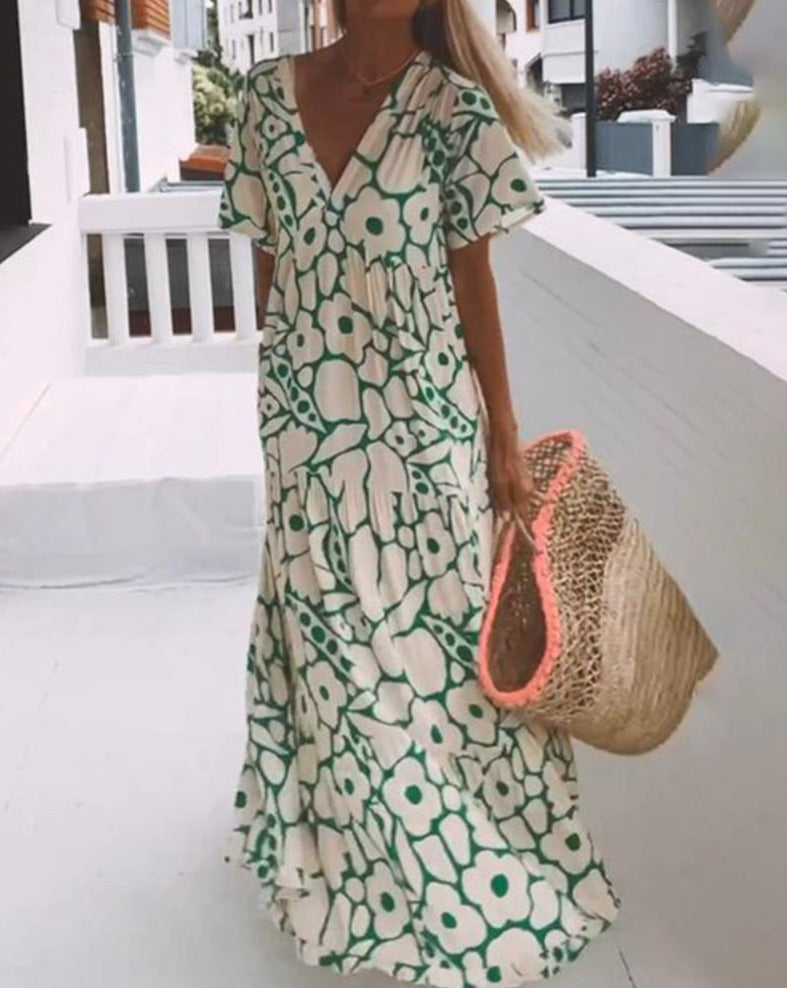 Ester hosszú virágos női köntös – rövid fodros ujjú és zöld krém nyári mintával