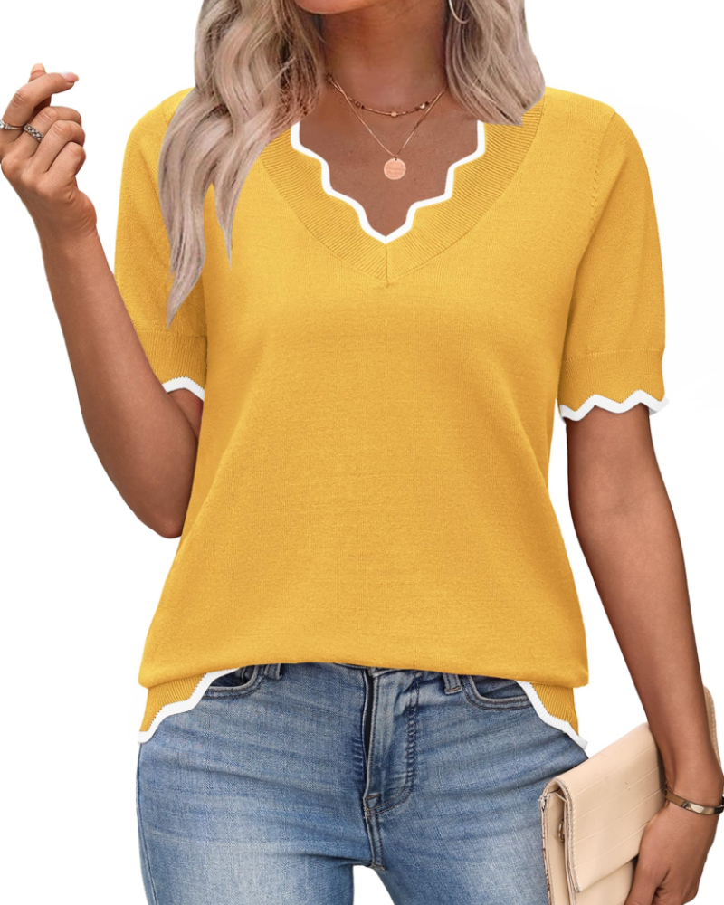 Amirah Top Femme – Pull Léger Manches Courtes Col V Élégant Business Casual