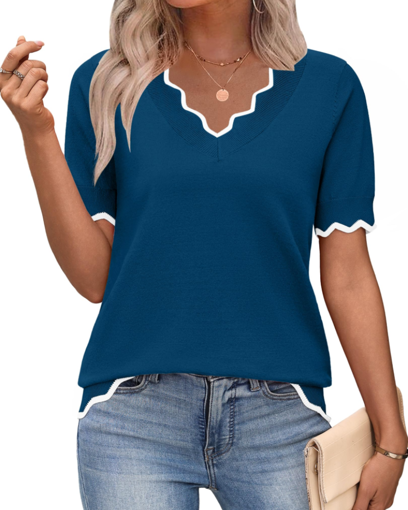 Amirah Top Femme – Pull Léger Manches Courtes Col V Élégant Business Casual