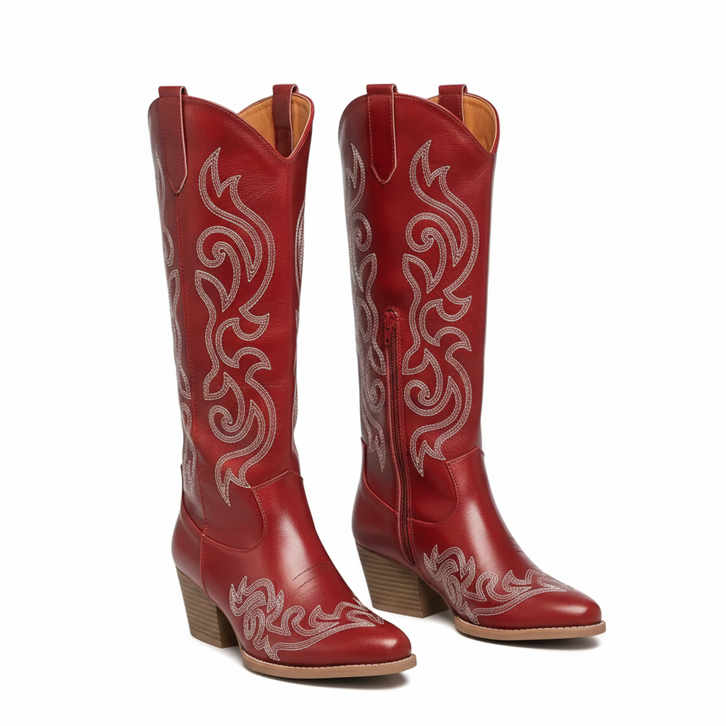 Anneza Kozaki Kowbojki Damskie – Wysokie Kozaki Western Haftowane z Miękką Cholewką