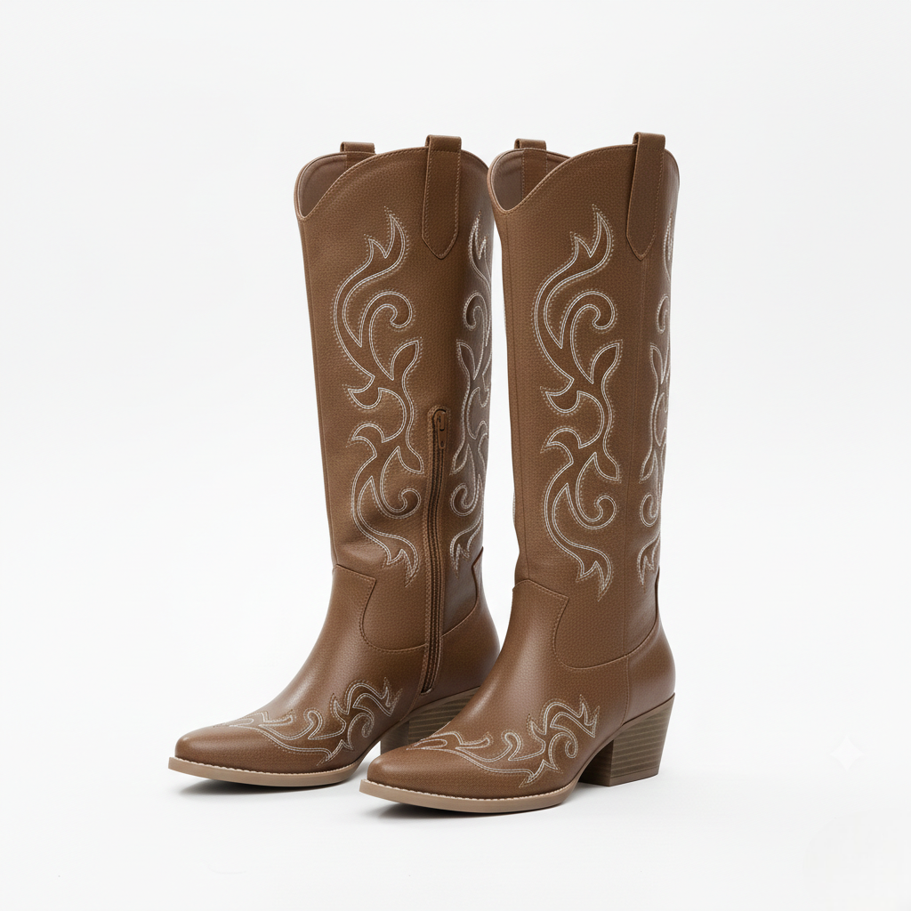 Anneza Kozaki Kowbojki Damskie – Wysokie Kozaki Western Haftowane z Miękką Cholewką