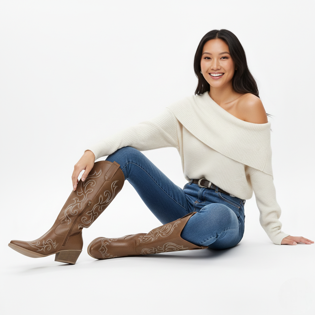 Anneza Kozaki Kowbojki Damskie – Wysokie Kozaki Western Haftowane z Miękką Cholewką