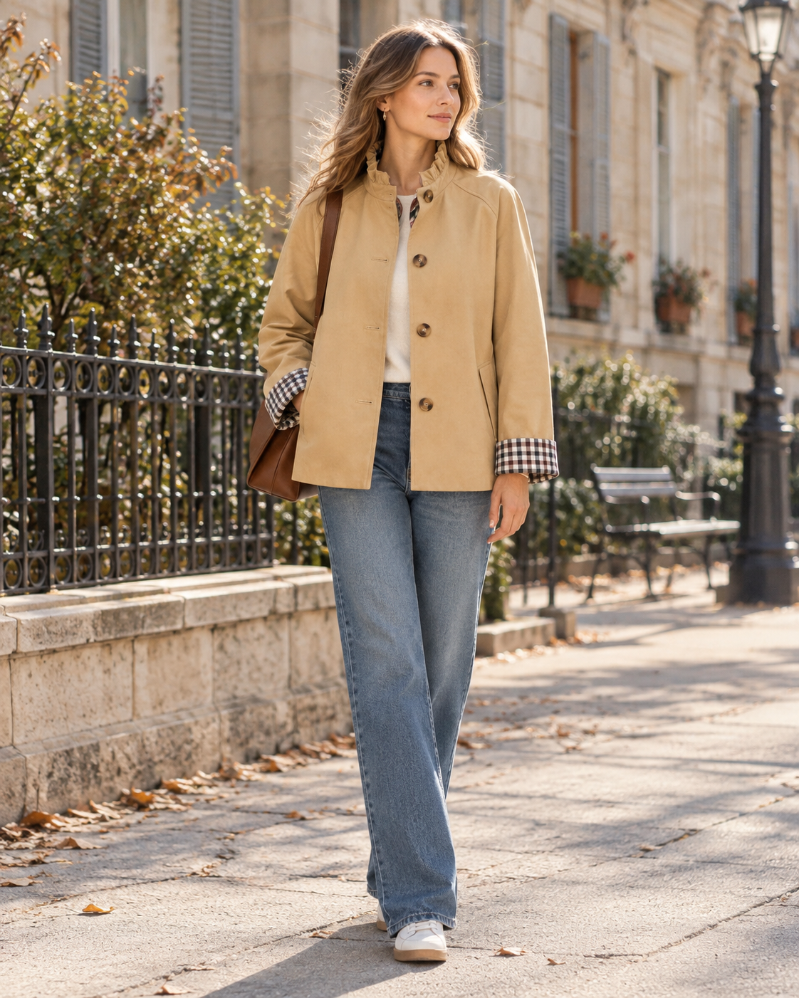 Lianne Women's Short Trench Coat - Ruffled Collar, Tartan Cuffs, and Button Closure