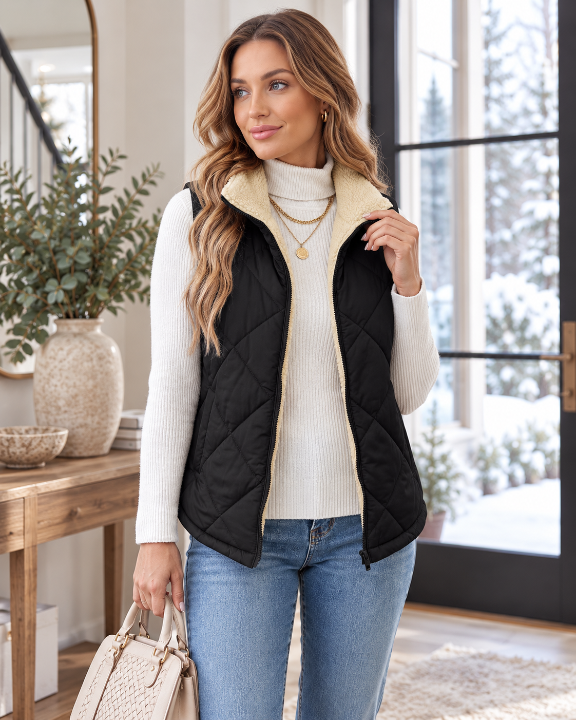 Bianca Gilet Femme Sans Manches Matelassé - Col Sherpa, Zip Devant et Poches Latérales