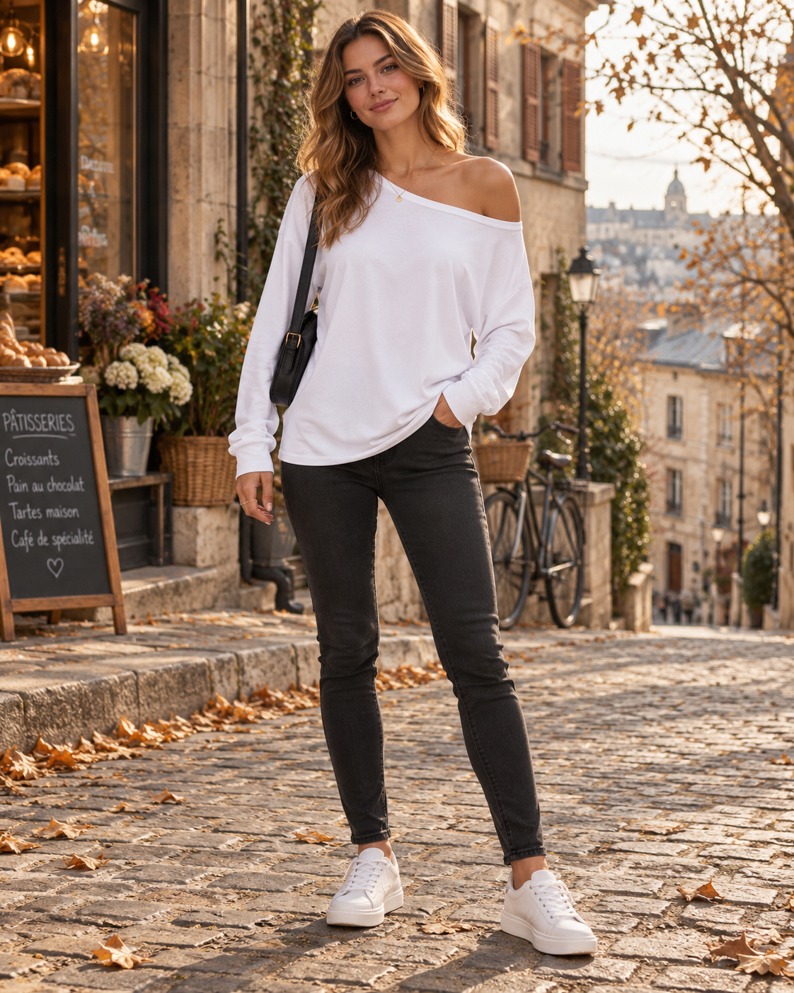 Kaia - oversized dámský top s odhalenými rameny - asymetrická ležérní košile s dlouhými rukávy
