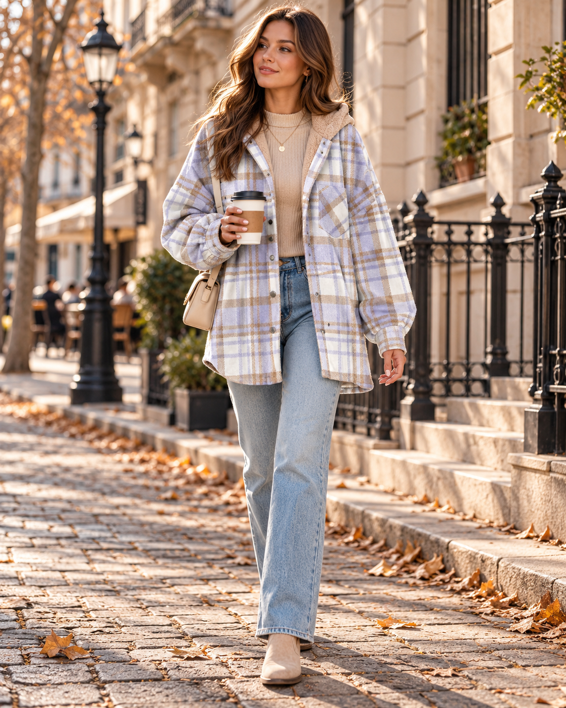 Yana Oversize-Damenhemdjacke mit Karomuster, Kapuze, Knöpfen und Brusttasche