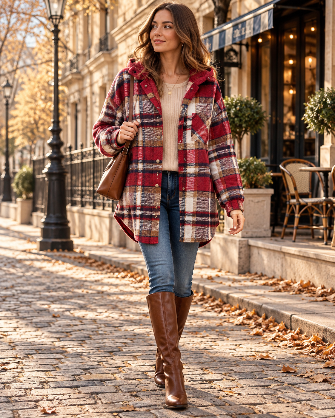 Yana Oversize-Damenhemdjacke mit Karomuster, Kapuze, Knöpfen und Brusttasche