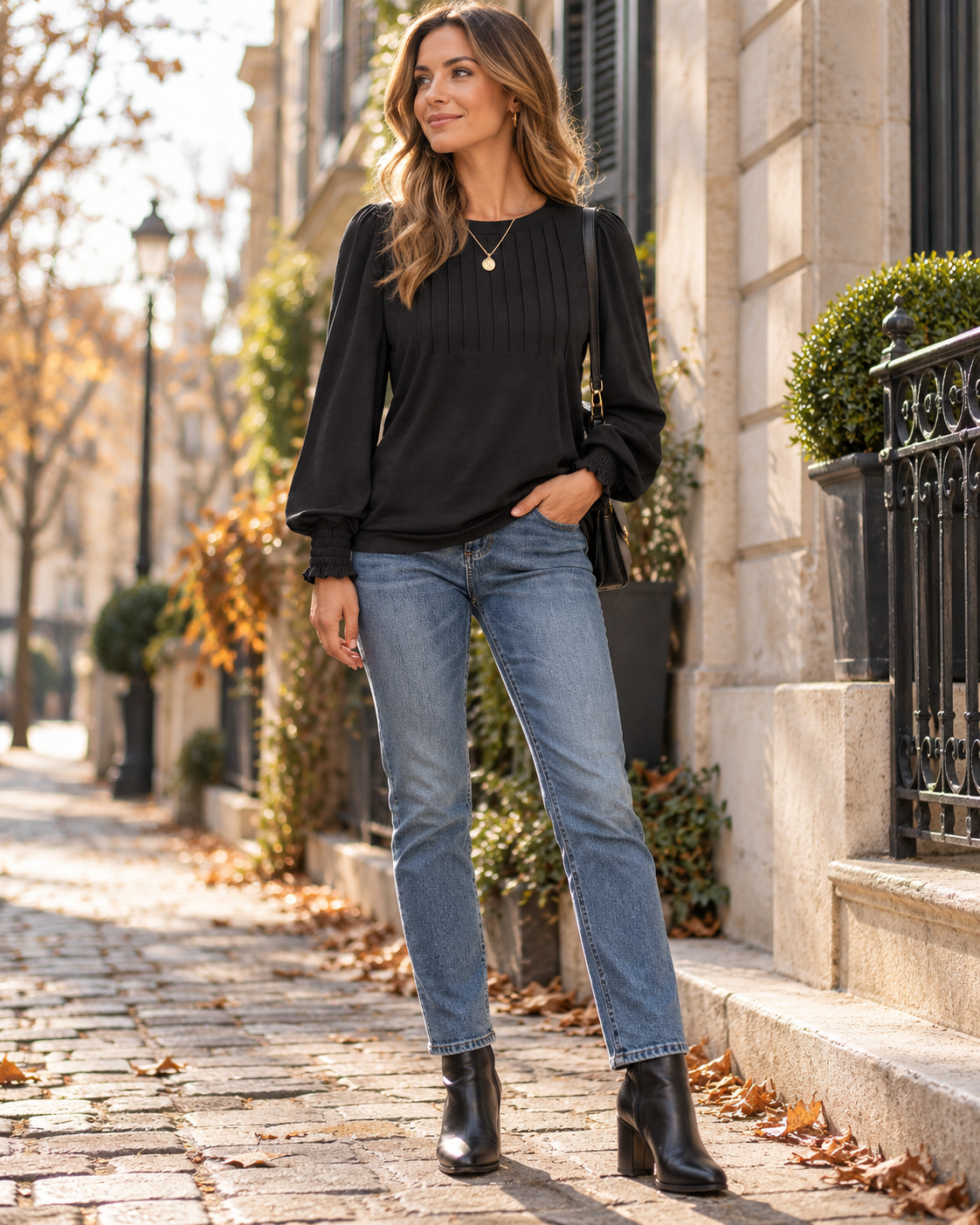 Paloma Damenbluse mit Plissee und langen Ärmeln – Rundhalsausschnitt, lässige Passform und eleganter Casual-Stil fürs Büro