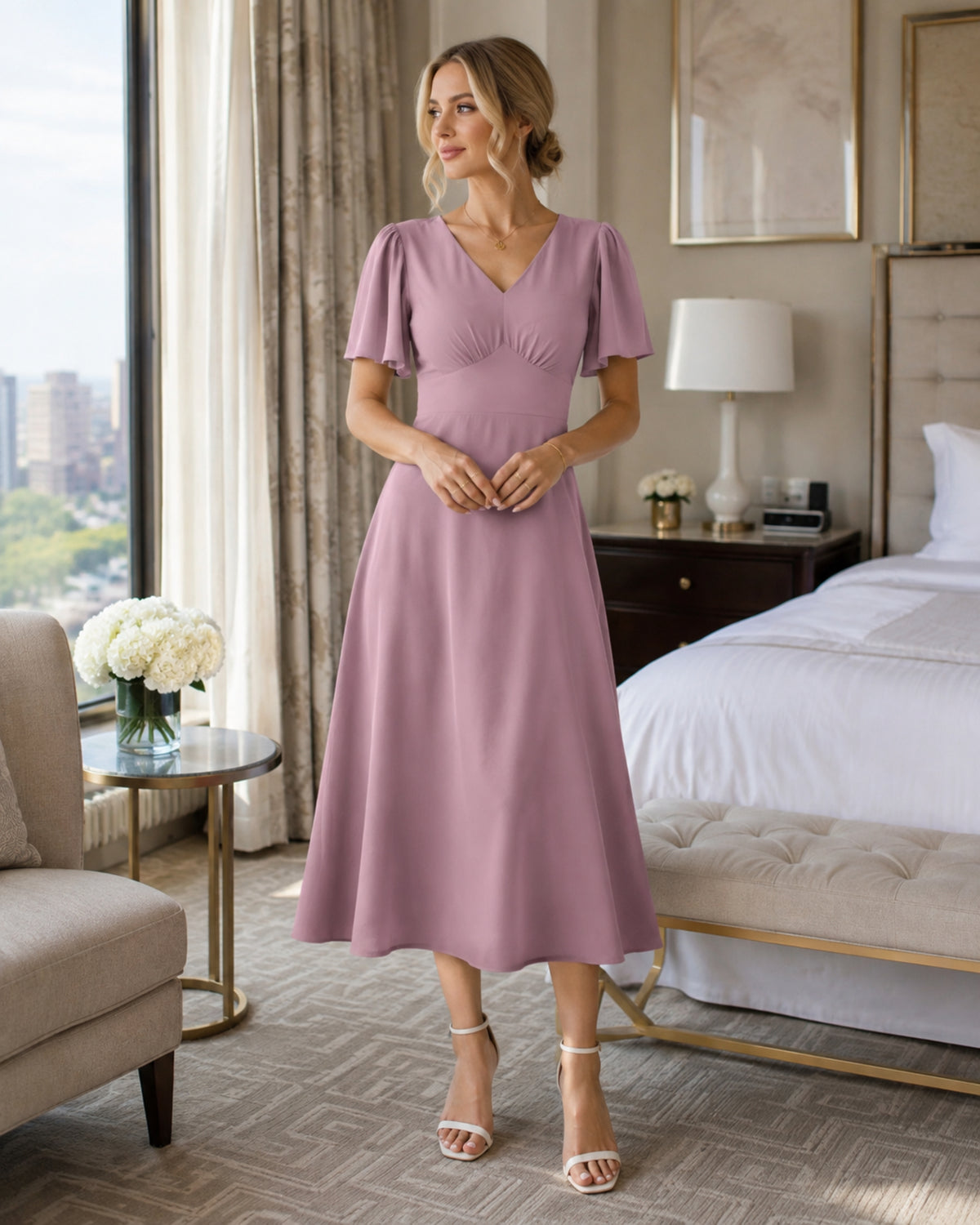 Claire Robe Femme – Robe Maxi Col V Dos Carré A-Line Fluide Bohème Été