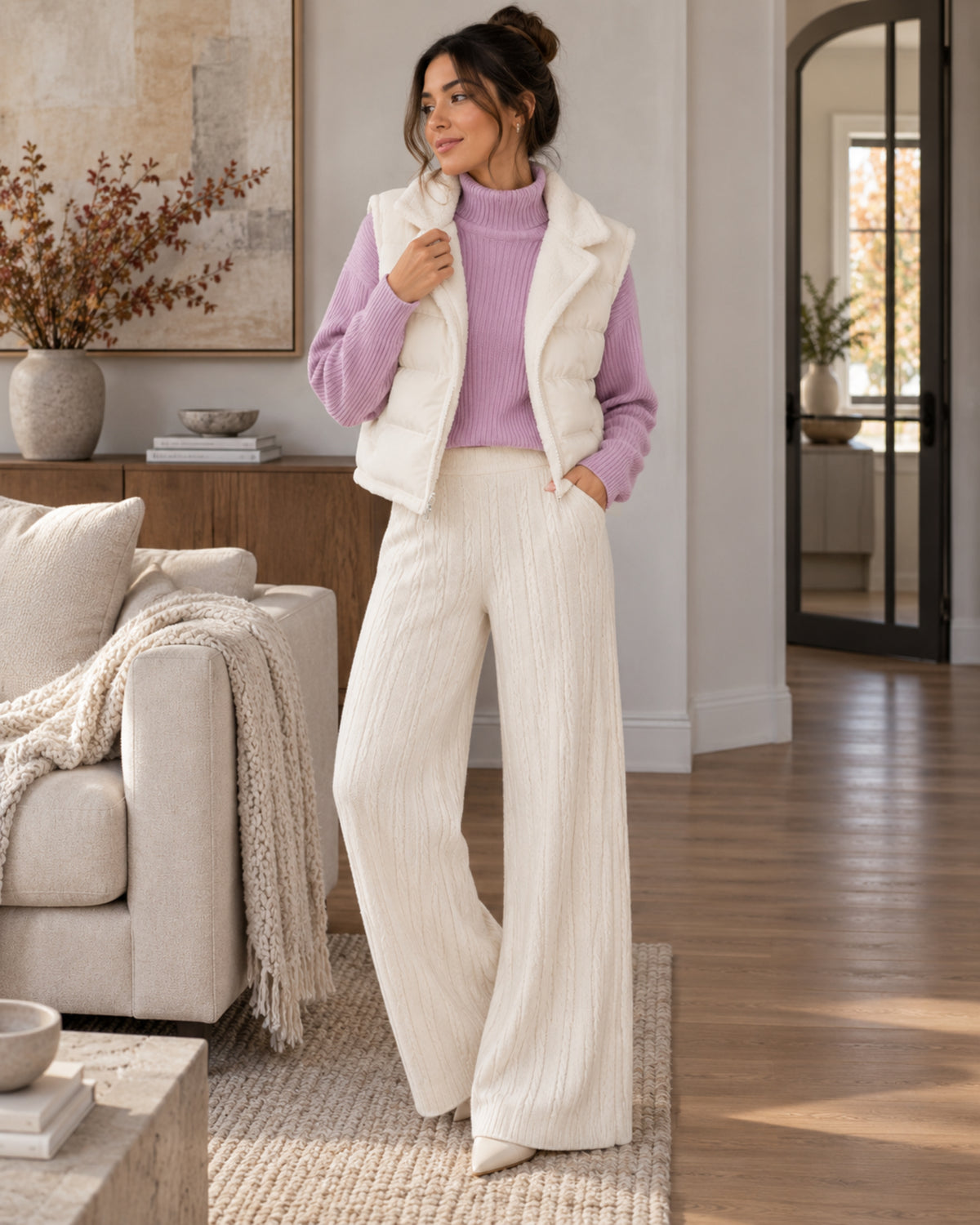 Conjunto Isabeau de 3 piezas para mujer: jersey de cuello alto, pantalón de punto y chaleco acolchado